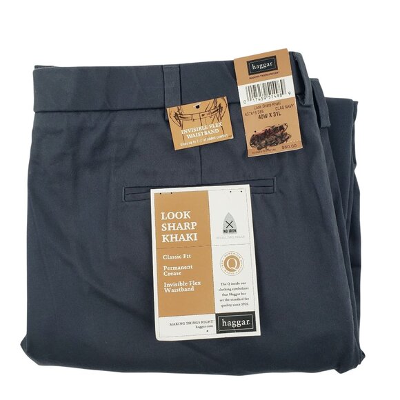 Haggar Other - Haggar Pant Men 40x31Pleated Cuffed Invisible Flex Waistband Dark Navy Khaki NWT